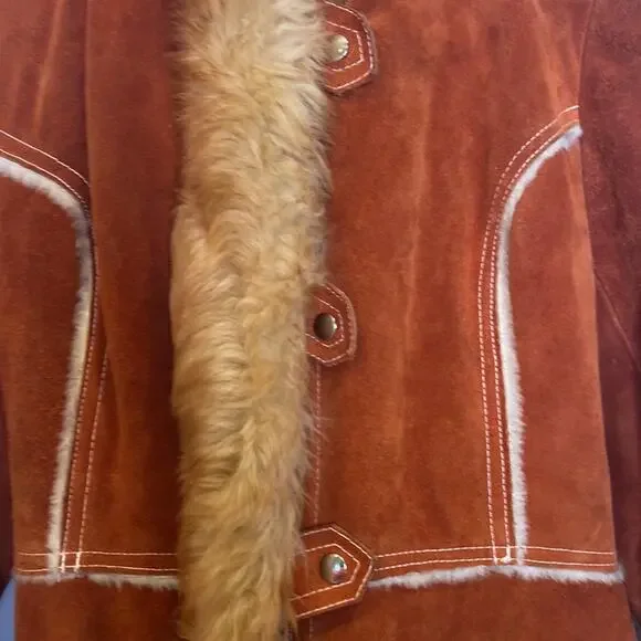 Vintage Penny Lane Rust Colored Suede Coat w/ Faux Fur Trim Snap Closure Sz XS - Picture 4 of 16